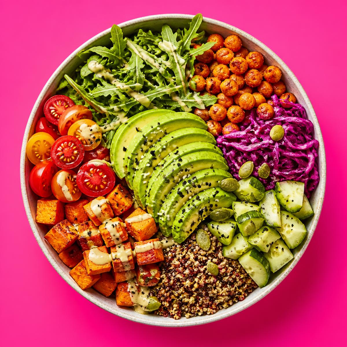 Bunte Bowl mit Avocado, Kichererbsen, Quinoa und frischem Gemüse